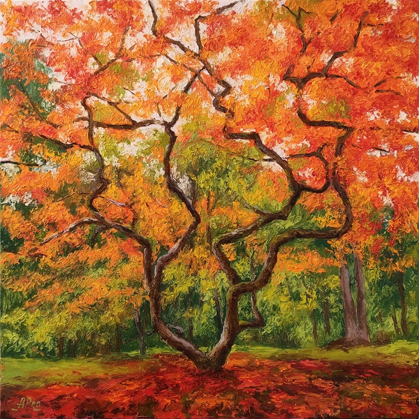 Maple Tree Painting Original Art Landscape Oil Painting Red Maple Tree Artwork Canvas Wall Art  20 by 20" by Aleksandr Prozorov