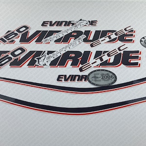 May include: A set of Evinrude boat decals featuring "150", "Saltwater Edition", and "E-TEC" in black, red, and white. Includes BRP decals and a 2006 emissions standards badge. These decals are designed for marine use.