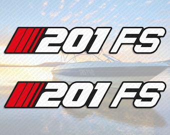 May include: Two white vinyl decals with black outlines and red stripes. The decals read "201 FS".