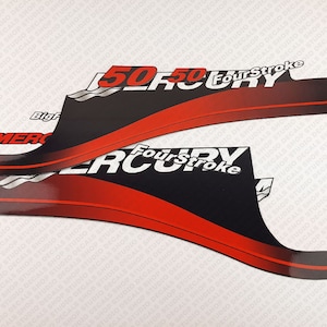 May include: Two black and red decals with the text "Mercury" and "50 FourStroke" in white. The decals are curved and have a wave design.
