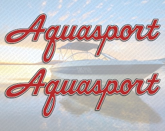 May include: Two red "Aquasport" decals with a black outline, one above the other, against a background of a boat on a lake.