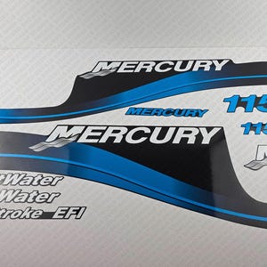 May include: Set of Mercury outboard motor decals. The decals feature the word "Mercury" in white, blue, and black, along with the number "115". The words "SaltWater" and "FourStroke EFI" are also included. The decals have a blue and black design.