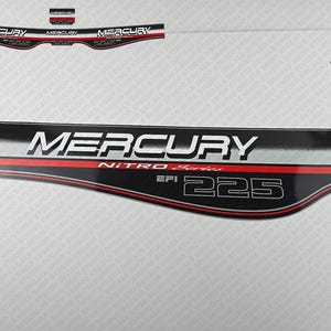 May include: Black and silver Mercury Nitro EFI 225 outboard motor decal with red accents. The decal features the Mercury logo and the text "Nitro EFI 225".