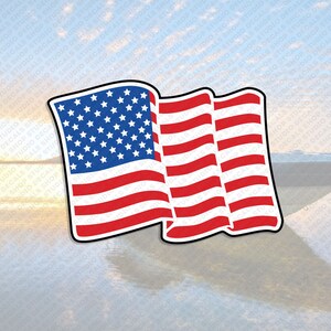 May include: A red, white and blue American flag waving in the wind. The flag is in a stylised cartoon style with a white background.