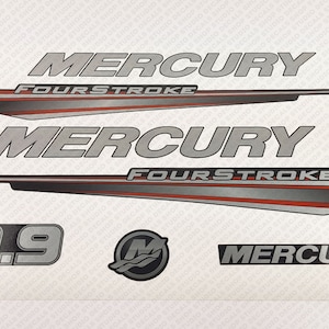 May include: A set of silver and red Mercury outboard motor decals. The decals include the words "Mercury", "Fourstroke", and "9.9". There is also a silver Mercury logo with a wave.