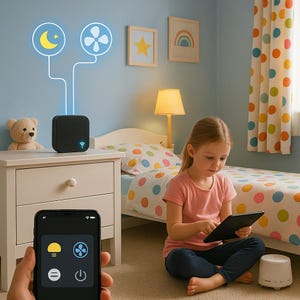May include: A child's bedroom scene with a girl using a tablet. A black smart home hub sits on a white nightstand, connected to illuminated icons of a moon and fan. A smartphone displays control icons. The room has a bed, lamp, and colorful curtains.