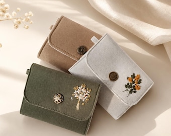 Personalized Linen Wallet, Zipper or Trifold Wallet, Hand Embroidered Wallet, Custom Name Wallet, Handmade Floral Wallet Gift for Her