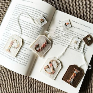 Hand Embroidered Initial Tea Bag Bookmark, Fabric Felt Gift