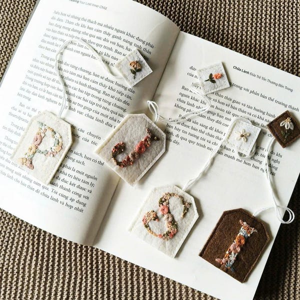 Hand Embroidered Initial Tea Bag Bookmark, Fabric Felt Gift