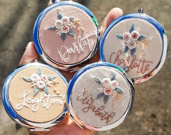 Custom name hand embroidery compact mirror, hand embroidery floral compact mirror, makeup pocket mirror, teacher gift, gift for her.