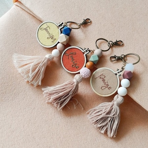 Hand Embroidered Personalized boho keychain, hand Embroidered custom name keychain, soft bead keychain, backpack tag, name bag tag