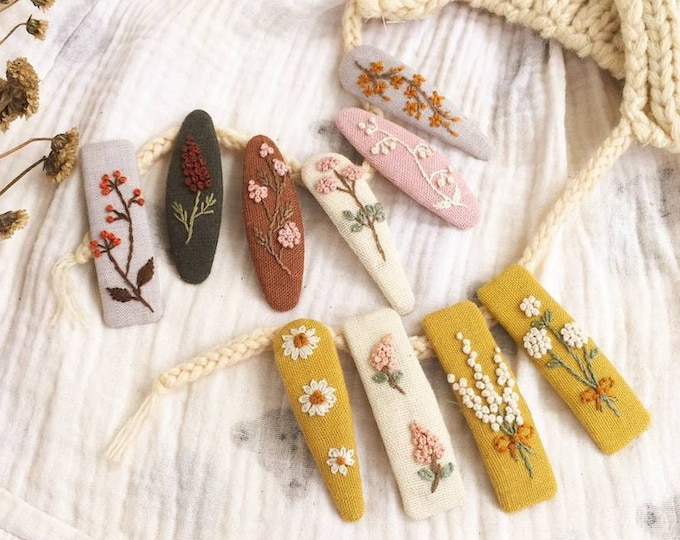 Embroidered Floral Linen Hair Clip: Baby Toddler Girl Snap Clip