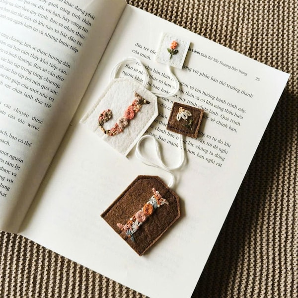 Hand Embroidered Initial Tea Bag Bookmark, Custom Book Lover Gift