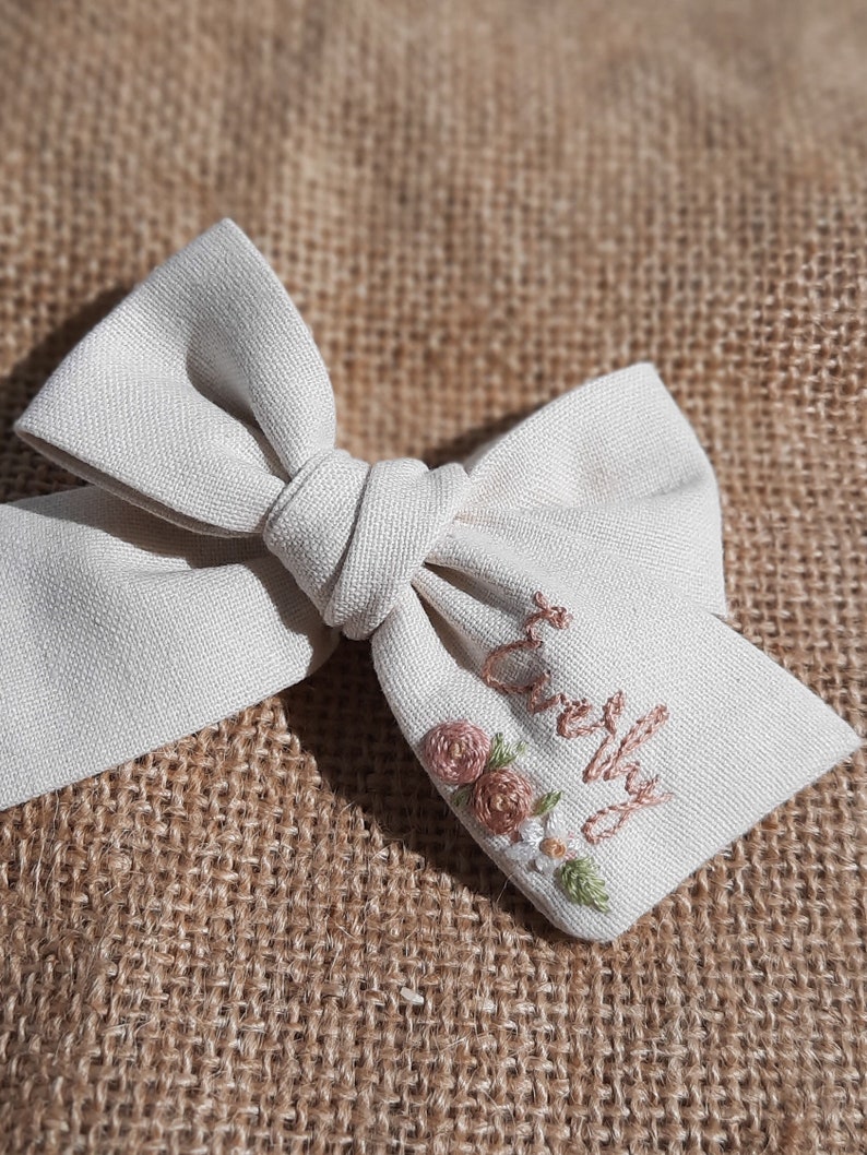 Custom name hand embroidered baby bow,Customized Hand Embroidered,Name Bow,Personalized Name Bow,Hand Embroidered Bow image 2
