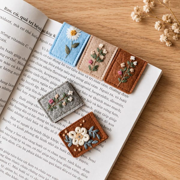 Marcador de Páginas Personalizado com Bordado Floral | Suporte Magnético de Páginas em Feltro Feito à Mão