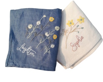 Custom name linen embroidered Handkerchiefs, Personalized Linen Embroidered Handkerchief, Wild Flower handkerchief, Personalized gift