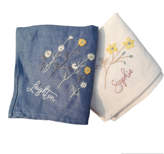 Custom Name Linen Embroidered Handkerchiefs Personalized Linen Embroidered Handkerchief Wild Flower Handkerchief Personalized Gift Etsy