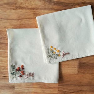 Custom name linen embroidered Handkerchiefs, Personalized Linen Embroidered Handkerchief, Wild Flower handkerchief, Personalized gift