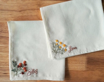 Custom name linen embroidered Handkerchiefs, Personalized Linen Embroidered Handkerchief, Wild Flower handkerchief, Personalized gift