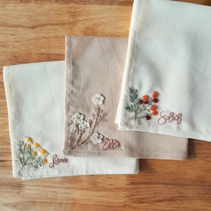 Custom name linen embroidered Handkerchiefs, Personalized Linen Embroidered Handkerchief, Wild Flower handkerchief, Personalized gift