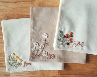Jennifer order,Custom name linen embroidered Handkerchiefs, Personalized Linen Embroidered Handkerchief, Wild Flower handkerchief,