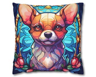 Juego de almohadas cuadradas de Chihuahua, estilo vitral, juego de almohadas cuadradas de sofá decorativo, juego de fundas decorativas, regalo de amante de los perros, decoración de arte de almohadas