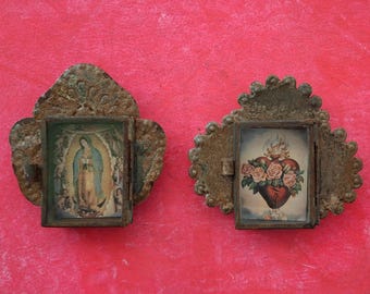 Rustic Mexican tin set  2 nichos Virgin of Guadalupe and Flaming Sacred Heart wall hanging folk art rusty catholic shrine vintage religious