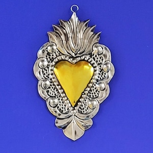 Beautiful Yellow Sacred Heart Milagro – Handmade Mexican Tin Folk Art Wall Hanging by Master Tirso Cuevas – Oaxaca Religious Home Decor