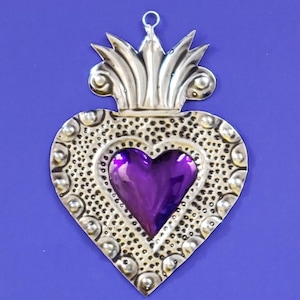 Purple Sacred Heart Milagro – Handmade Mexican Tin Folk Art Wall Hanging by Master Tirso Cuevas – Oaxaca Religious Home Decor