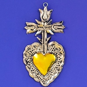 Yellow cross Sacred Heart Milagro – Handmade Mexican Tin Folk Art Wall Hanging by Master Tirso Cuevas – Oaxaca Religious Home Decor
