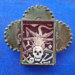 Rustic Mexican tin nicho  day of the dead spider  wall hanging folk art rusty  shrine shadow box