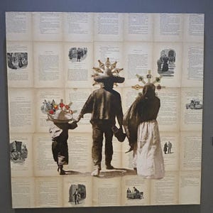 Big original wall art mexican family collage antique paper canvas 39.5&quot;x39.5&quot;