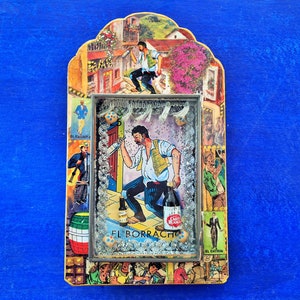 Mexican loteria tin shadow box wall hanging nicho folk art EL BORRACHO diorama shrine retablo