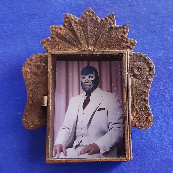 Rustic Mexican tin nicho  Mexican Wrestling lucha libre blue demon  wall hanging folk art rusty shrine shadow box mexico