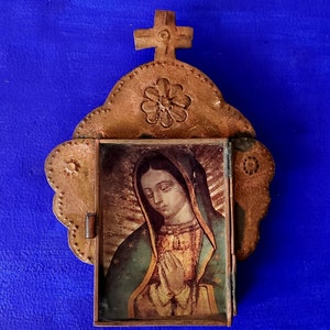 Rustic Mexican tin nicho Virgen de Guadalupe wall hanging folk art rusty shrine shadow box retablo  Our lady of Guadalupe