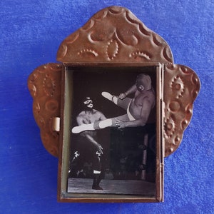 Rustic Mexican tin nicho with old Lucha Libre Wrestiling black and white photo wall hanging folk art rusty shrine shadow box retablo