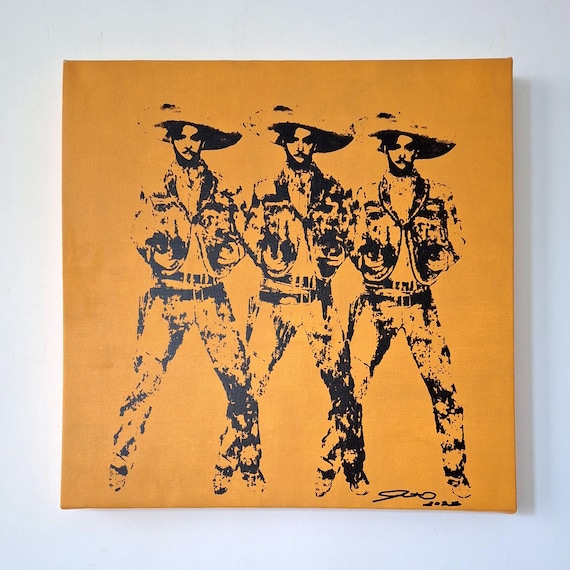Serigrafía de Arte Pop Mexicano 3 Amigos Charros 16"x16” Serigrafía de Benito Del Águila Homenaje a Warhol Obra original de edición limitada