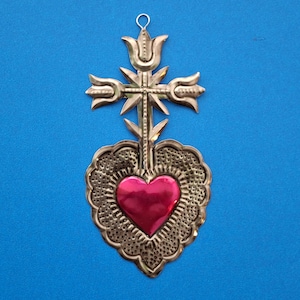 Beautiful red cross Sacred Heart Milagro – Handmade Mexican Tin Folk Art Wall Hanging by Master Tirso Cuevas – Oaxaca Religious Home Decor