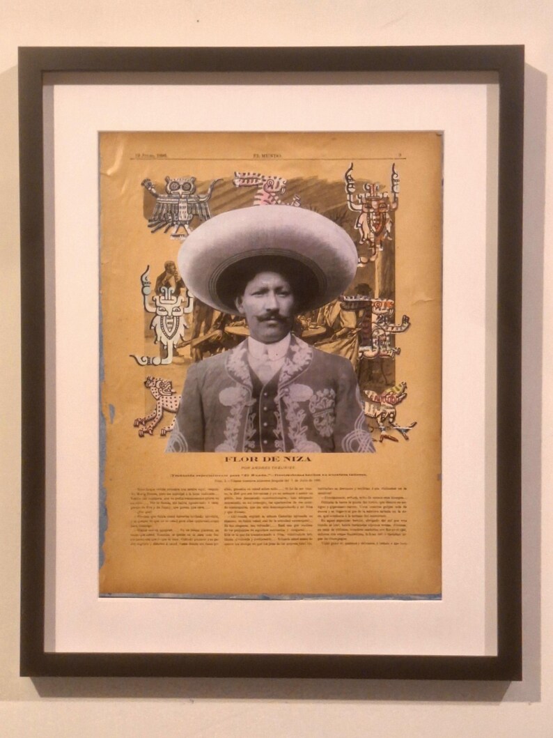 Mexican Bandido Revolution Collage on 1896 Newspaper Wall Decor Wall
