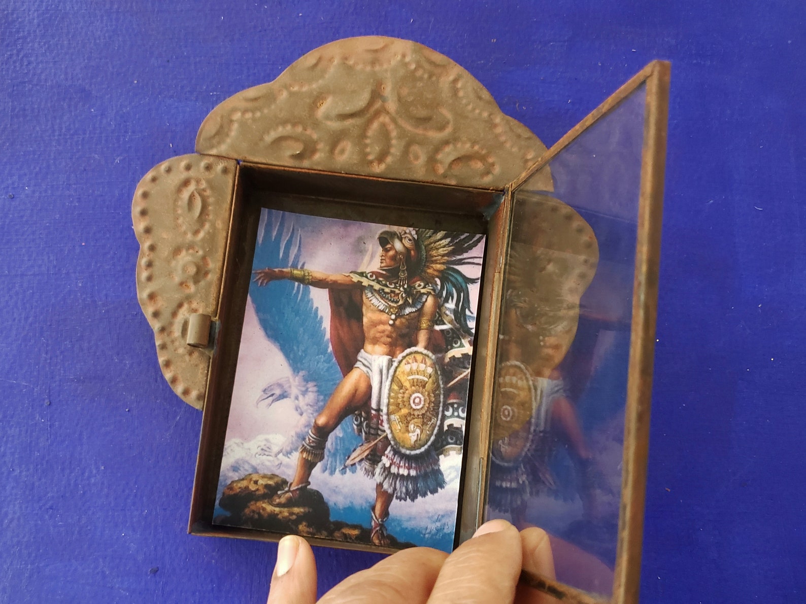 Rustic Mexican Tin Nicho Aztec Warrior Caballero Aguila Eagle Flag ...
