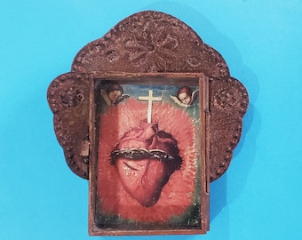 Rustic Mexican tin nicho  sacred heart holly family baby Jesus cherubs   wall hanging folk art rusty catholic shrine shadow box cross