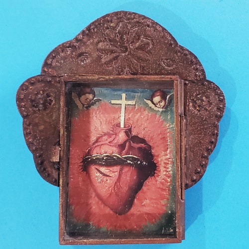 Rustic Mexican Tin Nicho Sacred Heart Crown of Torns Wall Etsy