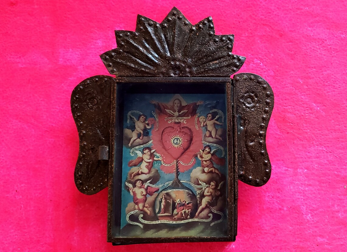 Rustic Mexican Tin Nicho Sacred Heart Cherubs Angels Holy Etsy