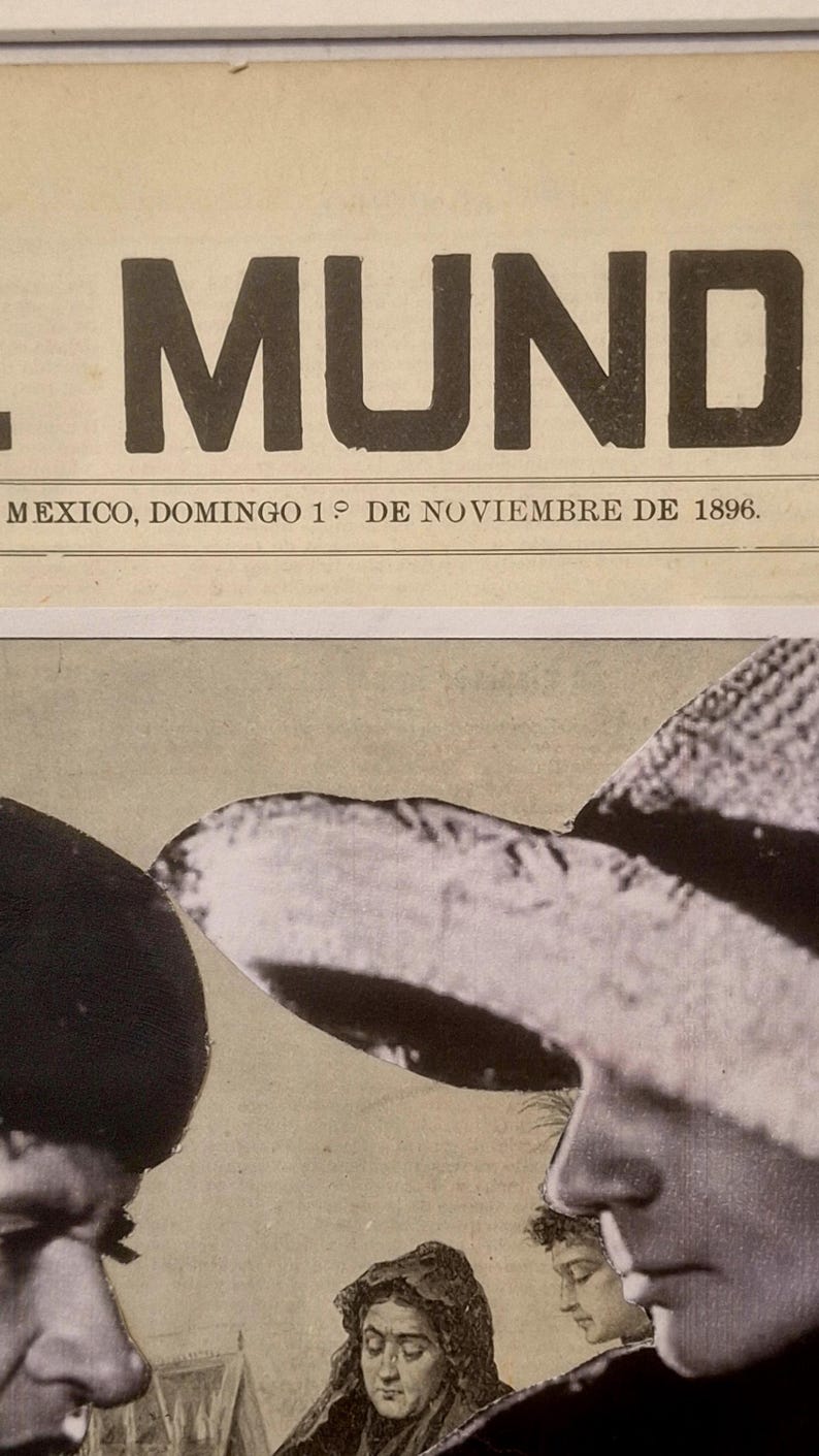 Mexican Macario Day of the Dead Collage on 1896 Newspaper Wall Decor