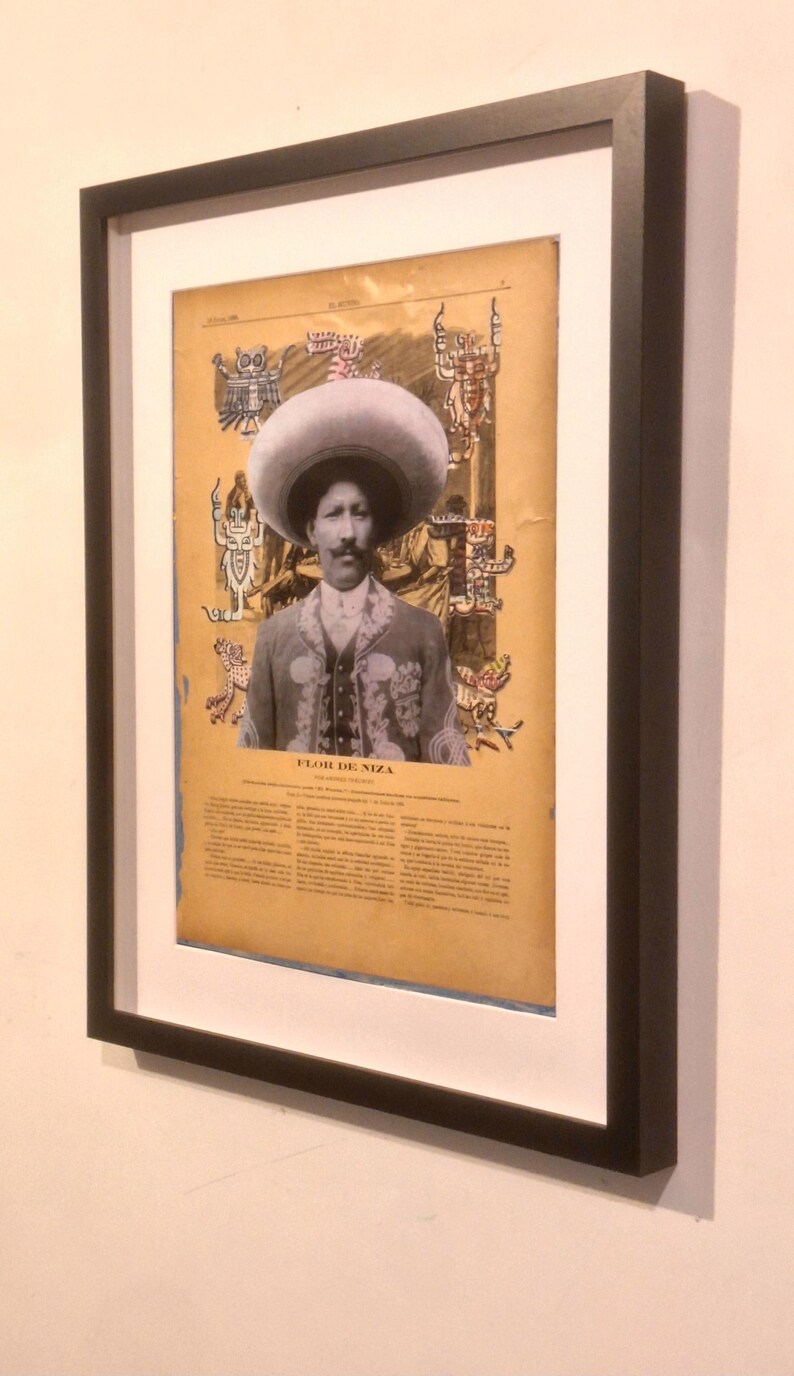 Mexican Bandido Revolution Collage on 1896 Newspaper Wall Decor Wall