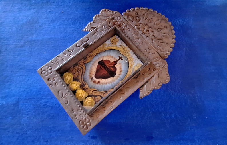 Big Rustic Mexican Tin Nicho Sacred Heart Crown of Thorns Wall Hanging ...