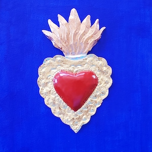 Sacred heart punched tin art colorful devotional art cross milagro mexican folk