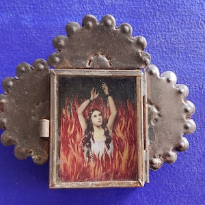 Rustikale mexikanische Seele des Fegefeuers Anima Sola Zinn Wandbehang Nicho Volkskunst rostig Katholische Kirche Spieler andächtige Anima del Purgatorio