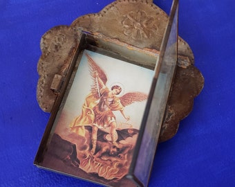 Rustic Mexican tin nicho archangel angel Miguel wall hanging folk art rusty shrine shadow box retablo  Devil  Saint Catholic church