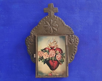 Rustic Mexican tin nicho Sacred Heart of Mary  wall hanging folk art rusty shrine shadow box retablo  relious art